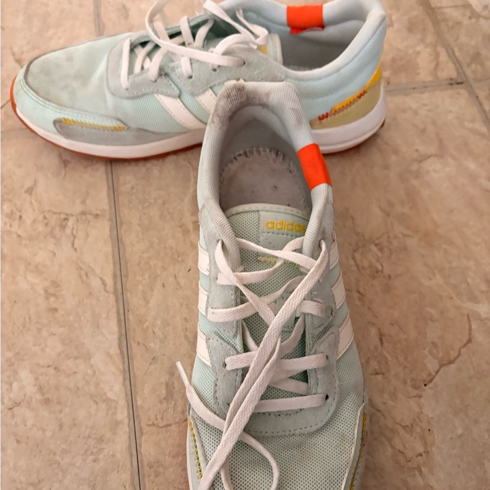 Adidas Sky Blue Trainers with White and Orange Accents